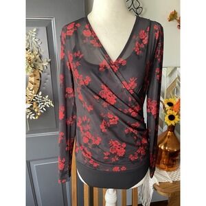 Tahari Floral Faux Wrap Mesh Bodysuit Sz Small Dark Romantic Fairy Whimsigoth